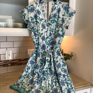 Calypso St. Barth Blue & Green Floral Cotton Mini Dress Size 12 Button Close